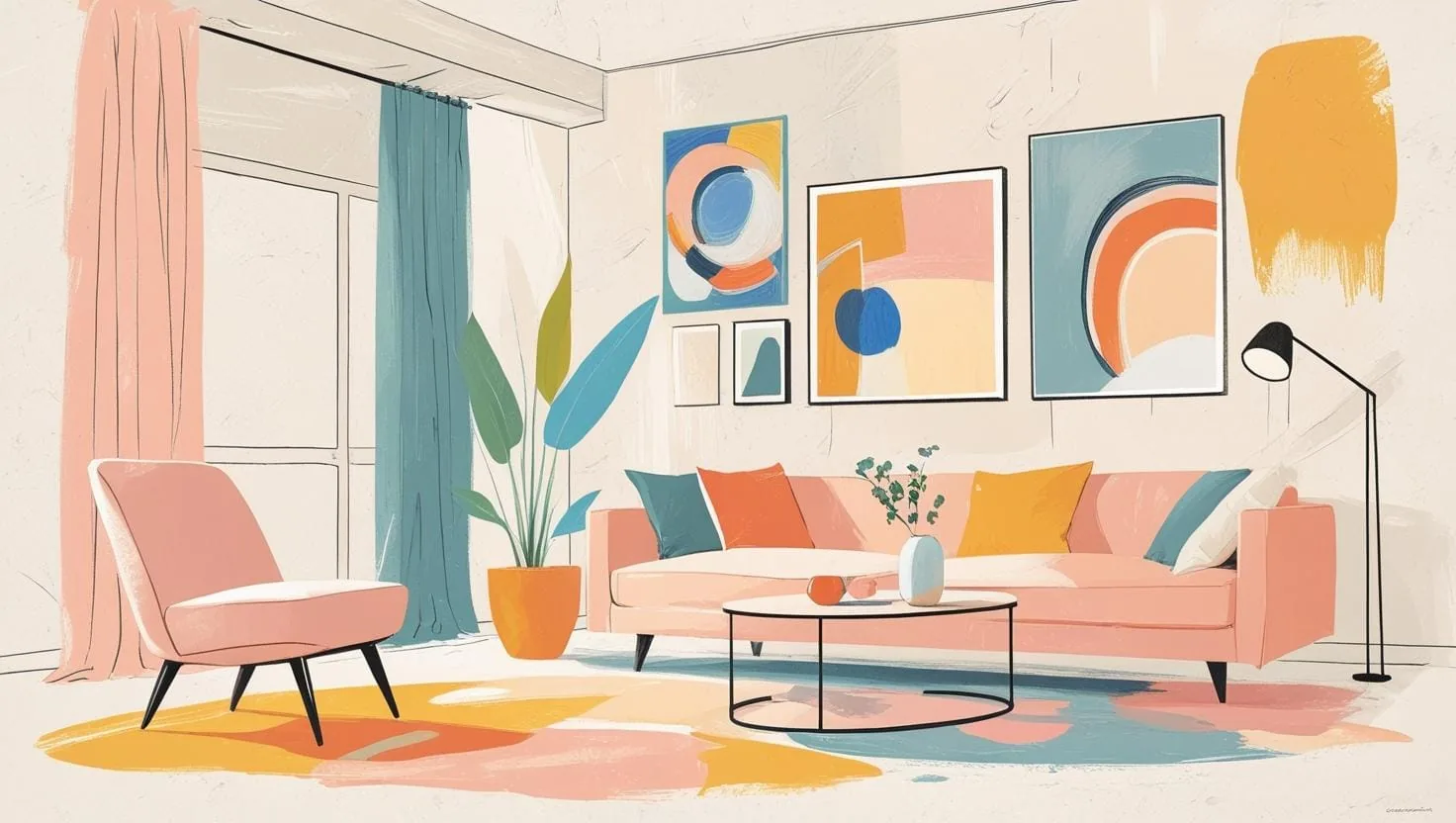 Peinture abstraite colorée dans un salon, décoration intérieure élégante