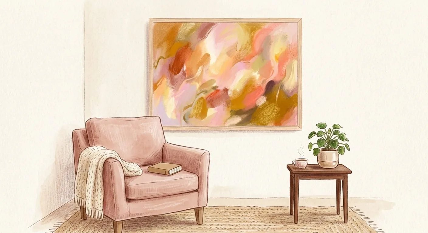 Intérieur décoré avec soin où un tableau abstrait sert de point focal