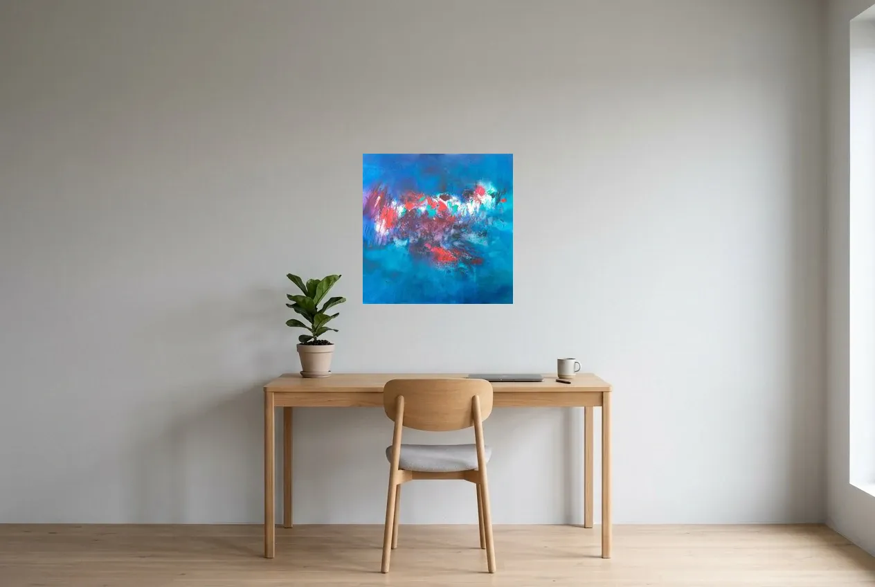 Tableau Abstrait Bleu 10 “Ébullition”, peinture originale à l'huile par Régine Gardan, 60 × 60 cm, tableau bleu accroché dans un bureau