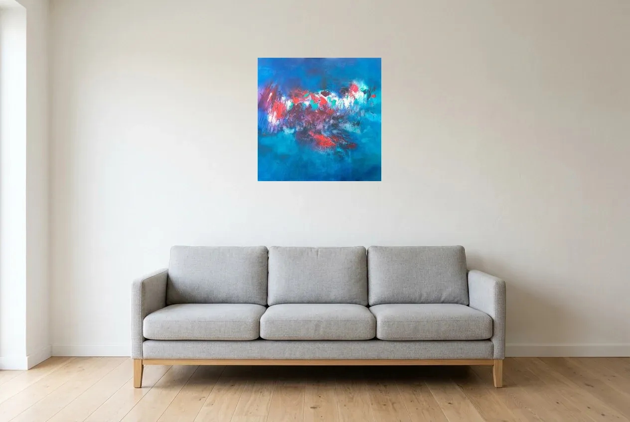 Tableau Abstrait Bleu 10 “Ébullition”, peinture originale à l'huile par Régine Gardan, 60 × 60 cm, tableau bleu accroché dans un salon