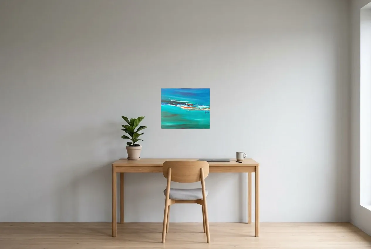 Tableau Abstrait Bleu 100 “Nage Douce”, peinture originale à l'huile par Régine Gardan, 46 × 38 cm, tableau bleu accroché dans un bureau