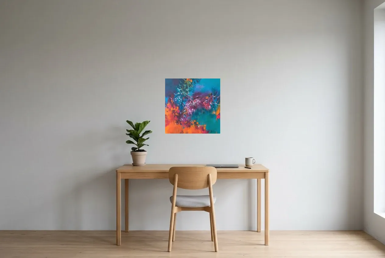 Tableau Abstrait Bleu 106 “Corail”, peinture originale à l'huile par Régine Gardan, 50 × 50 cm, tableau bleu accroché dans un bureau