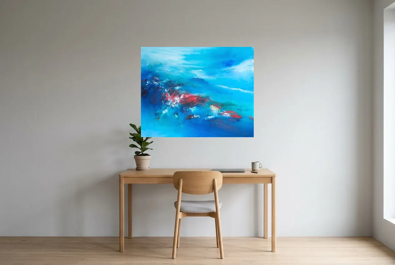 Tableau Abstrait Bleu 121 “Figure Mythique”, peinture originale à l'huile par Régine Gardan, 100 × 80 cm, tableau bleu accroché dans un bureau