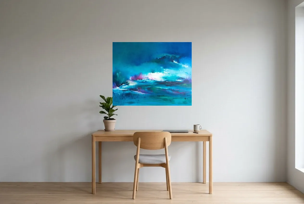 Tableau Abstrait Bleu 135 “Aurore Australe”, peinture originale à l'huile par Régine Gardan, 91 × 73 cm, tableau bleu accroché dans un bureau
