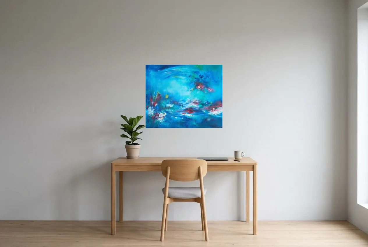 Tableau Abstrait Bleu 138 “Reflet”, peinture originale à l'huile par Régine Gardan, 73 × 60 cm, tableau bleu accroché dans un bureau
