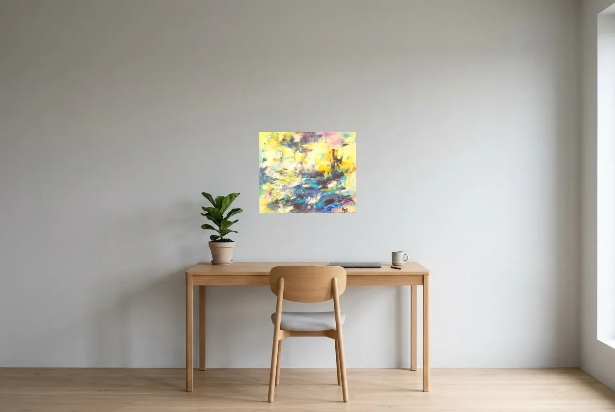 Tableau Abstrait Bleu 14 “Reflet Matinal”, peinture originale à l'huile par Régine Gardan, 55 × 46 cm, tableau bleu accroché dans un bureau