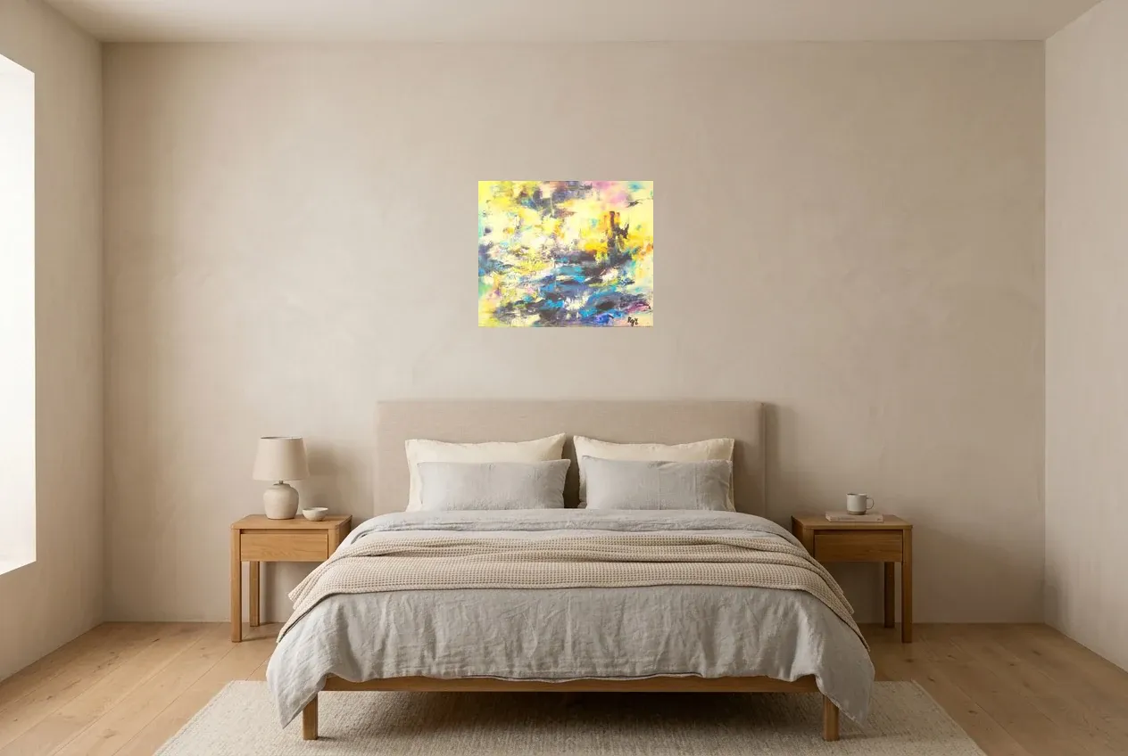 Tableau Abstrait Bleu 14 “Reflet Matinal”, peinture originale à l'huile par Régine Gardan, 55 × 46 cm, tableau bleu accroché dans une chambre