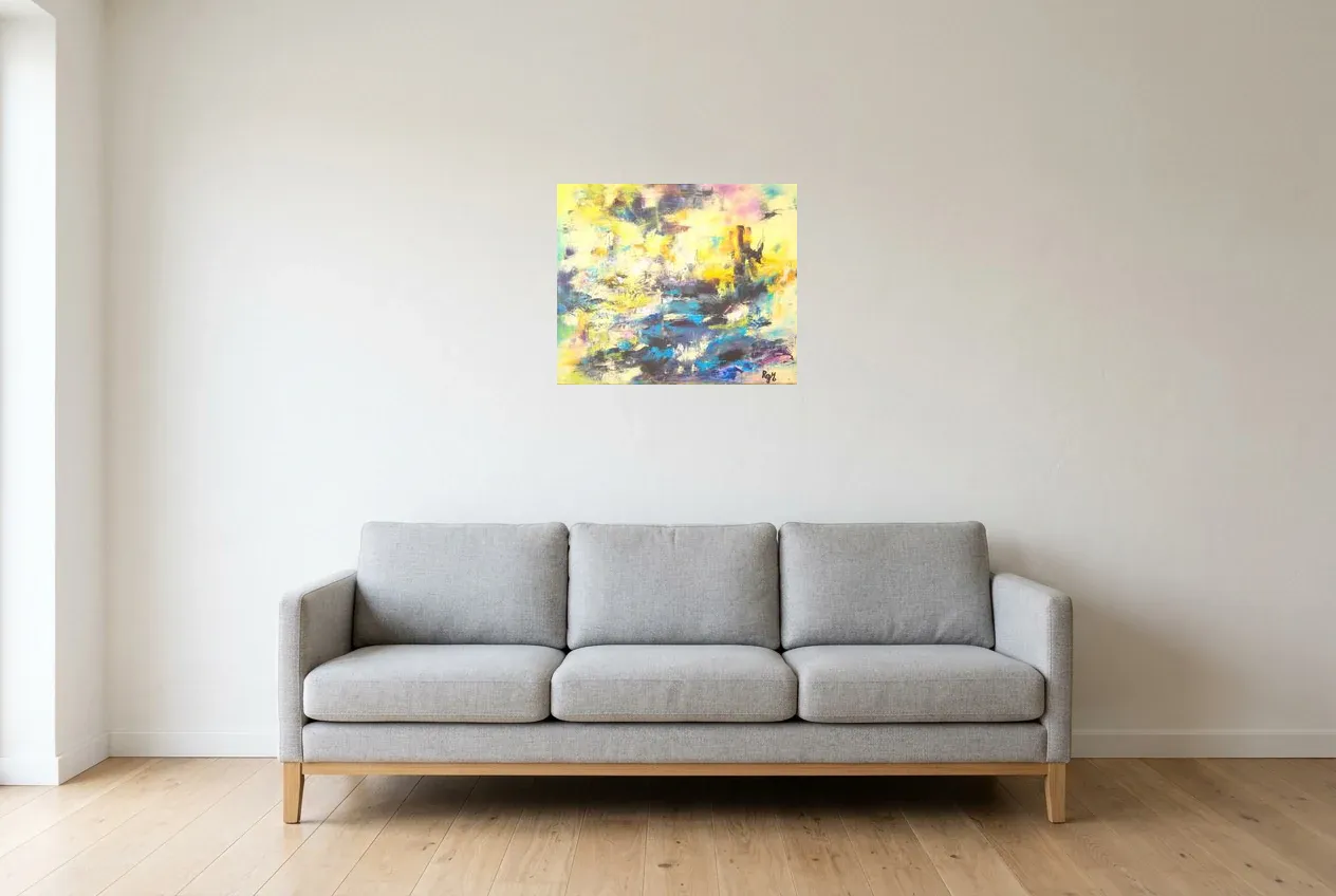 Tableau Abstrait Bleu 14 “Reflet Matinal”, peinture originale à l'huile par Régine Gardan, 55 × 46 cm, tableau bleu accroché dans un salon