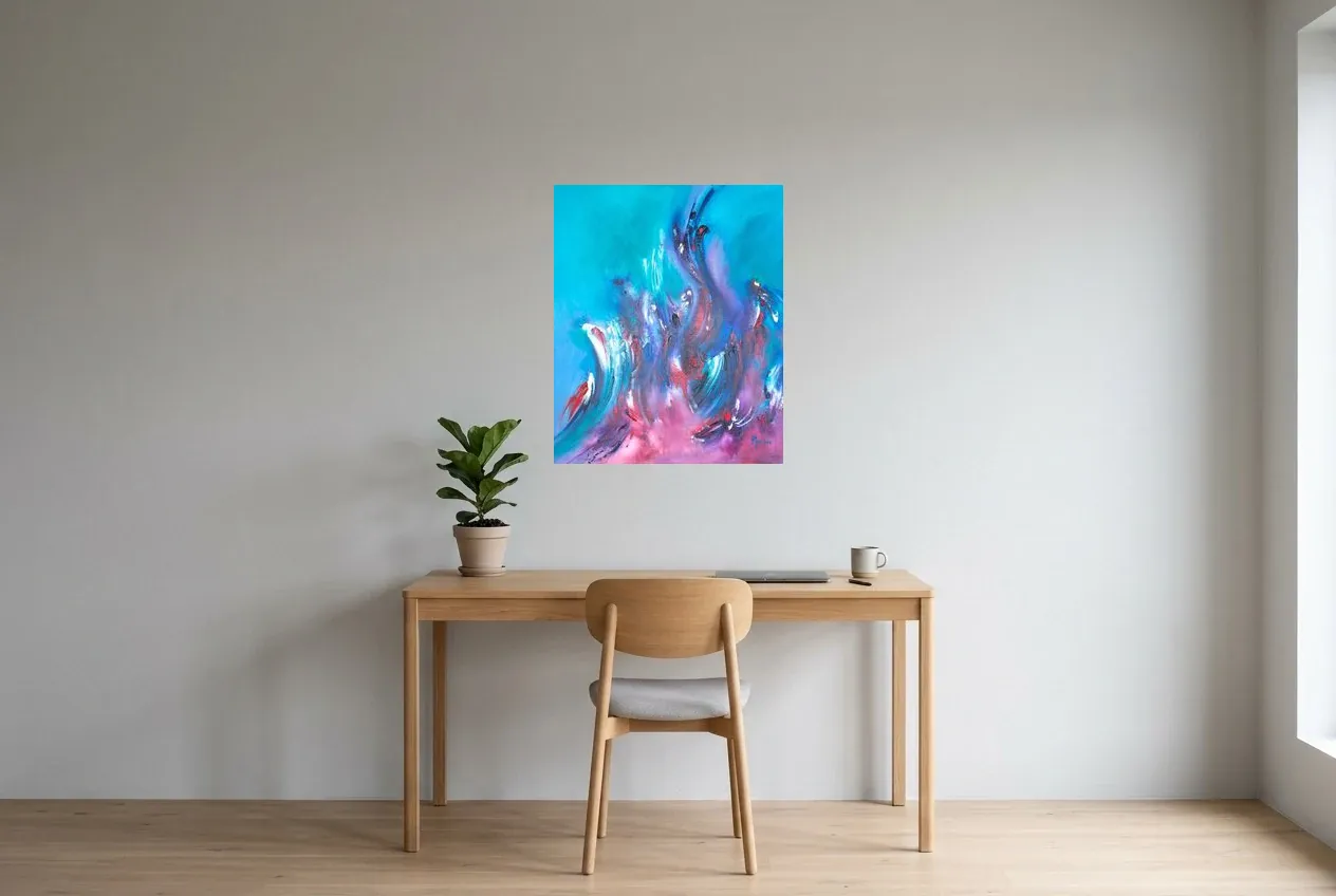 Tableau Abstrait Bleu 151 “Feu Follet”, peinture originale à l'huile par Régine Gardan, 60 × 73 cm, tableau bleu accroché dans un bureau