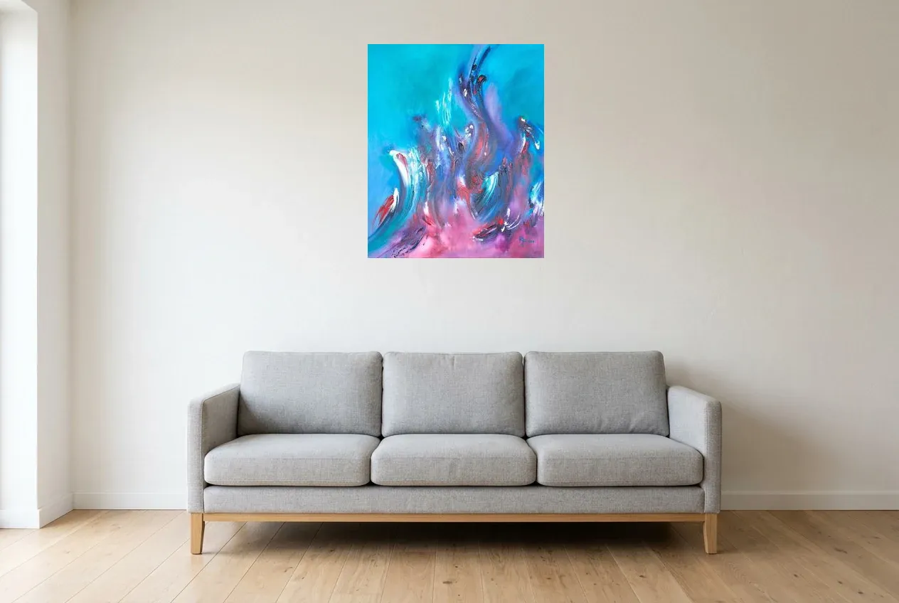 Tableau Abstrait Bleu 151 “Feu Follet”, peinture originale à l'huile par Régine Gardan, 60 × 73 cm, tableau bleu accroché dans un salon