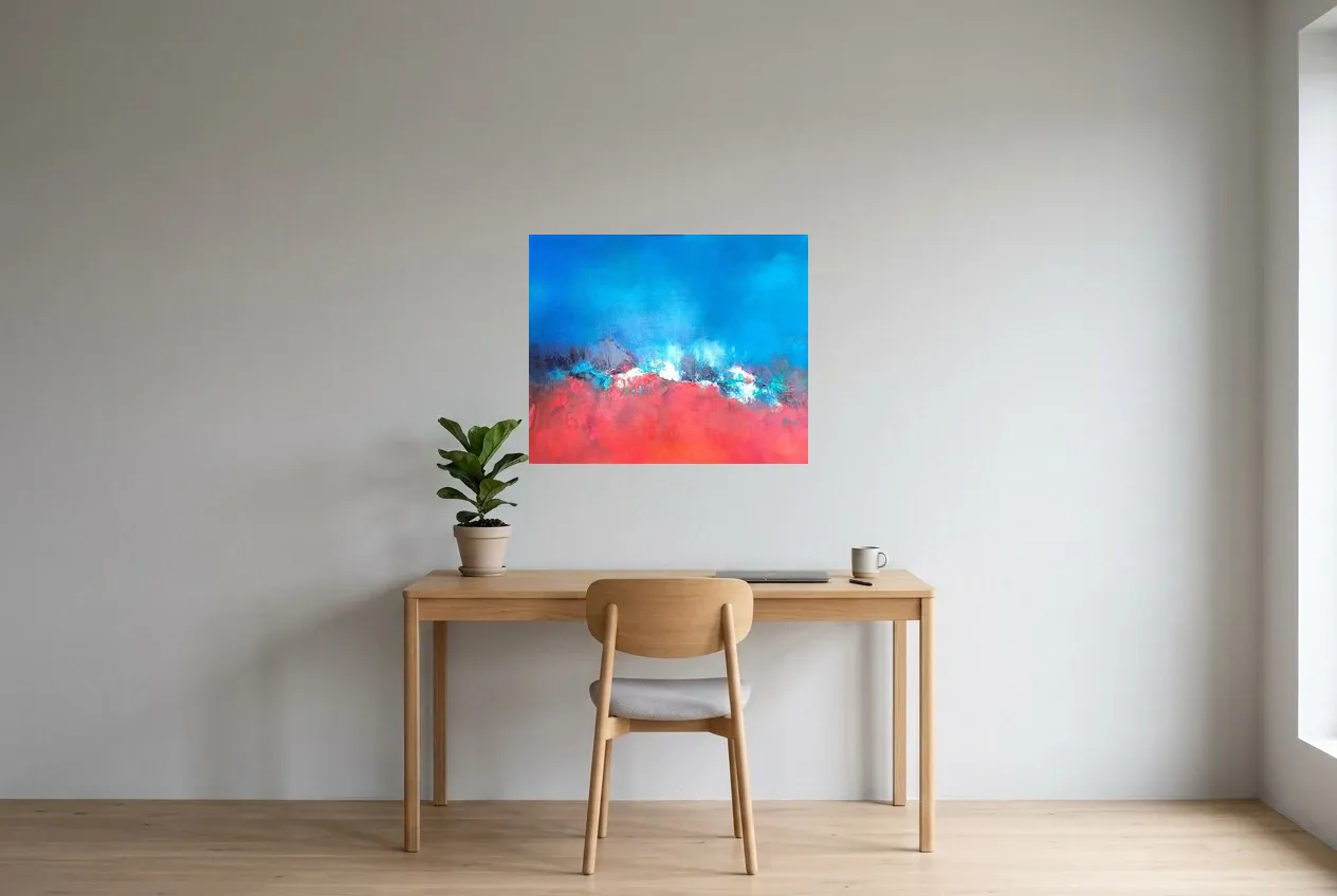 Tableau Abstrait Bleu 157 “Fusion”, peinture originale à l'huile par Régine Gardan, 73 × 60 cm, tableau bleu accroché dans un bureau