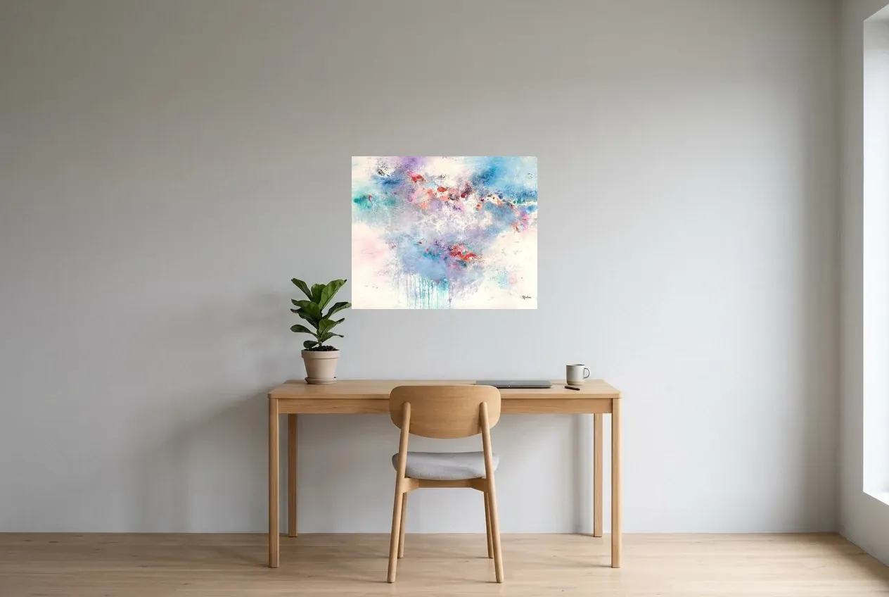 Tableau Abstrait Bleu 159 “Pureté”, peinture originale à l'huile par Régine Gardan, 73 × 60 cm, tableau bleu accroché dans un bureau