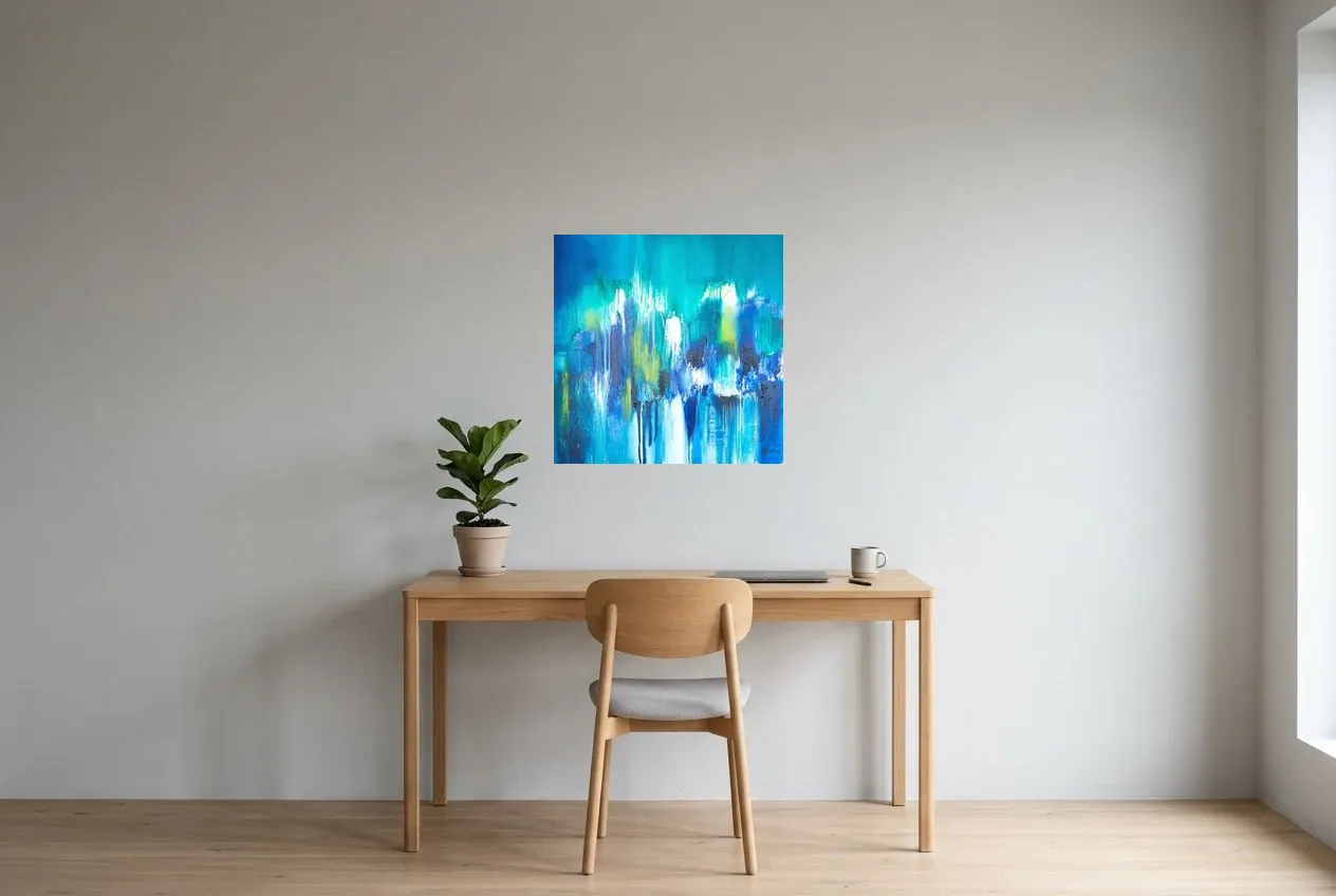 Tableau Abstrait Bleu 163 ” Ère glaciaire”, peinture originale à l'huile par Régine Gardan, 60 × 60 cm, tableau bleu accroché dans un bureau