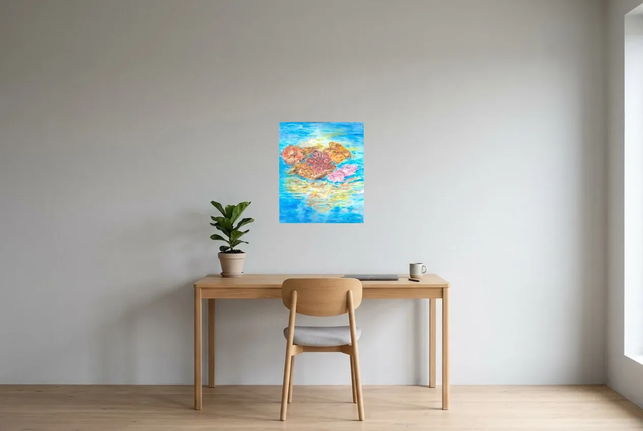 Tableau Abstrait Bleu 173 “Lotus”, peinture originale à l'huile par Régine Gardan, 46 × 55 cm, tableau bleu accroché dans un bureau