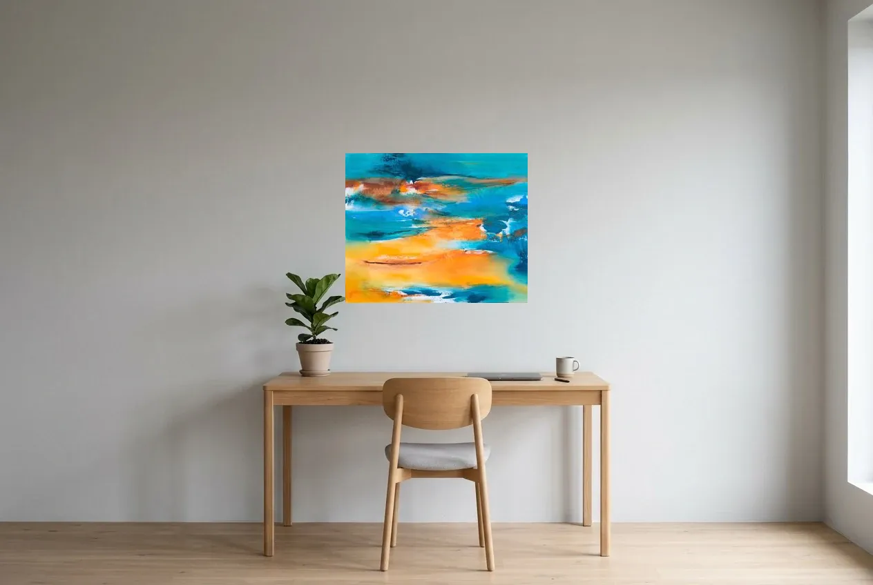 Tableau Abstrait Bleu 177 “Plage Paradisiaque”, peinture originale à l'huile par Régine Gardan, 73 × 60 cm, tableau bleu accroché dans un bureau
