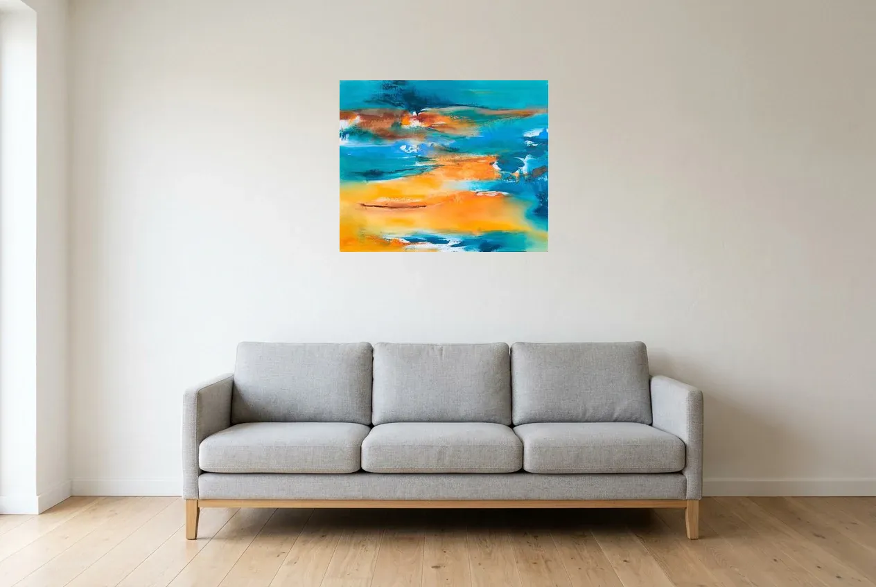 Tableau Abstrait Bleu 177 “Plage Paradisiaque”, peinture originale à l'huile par Régine Gardan, 73 × 60 cm, tableau bleu accroché dans un salon