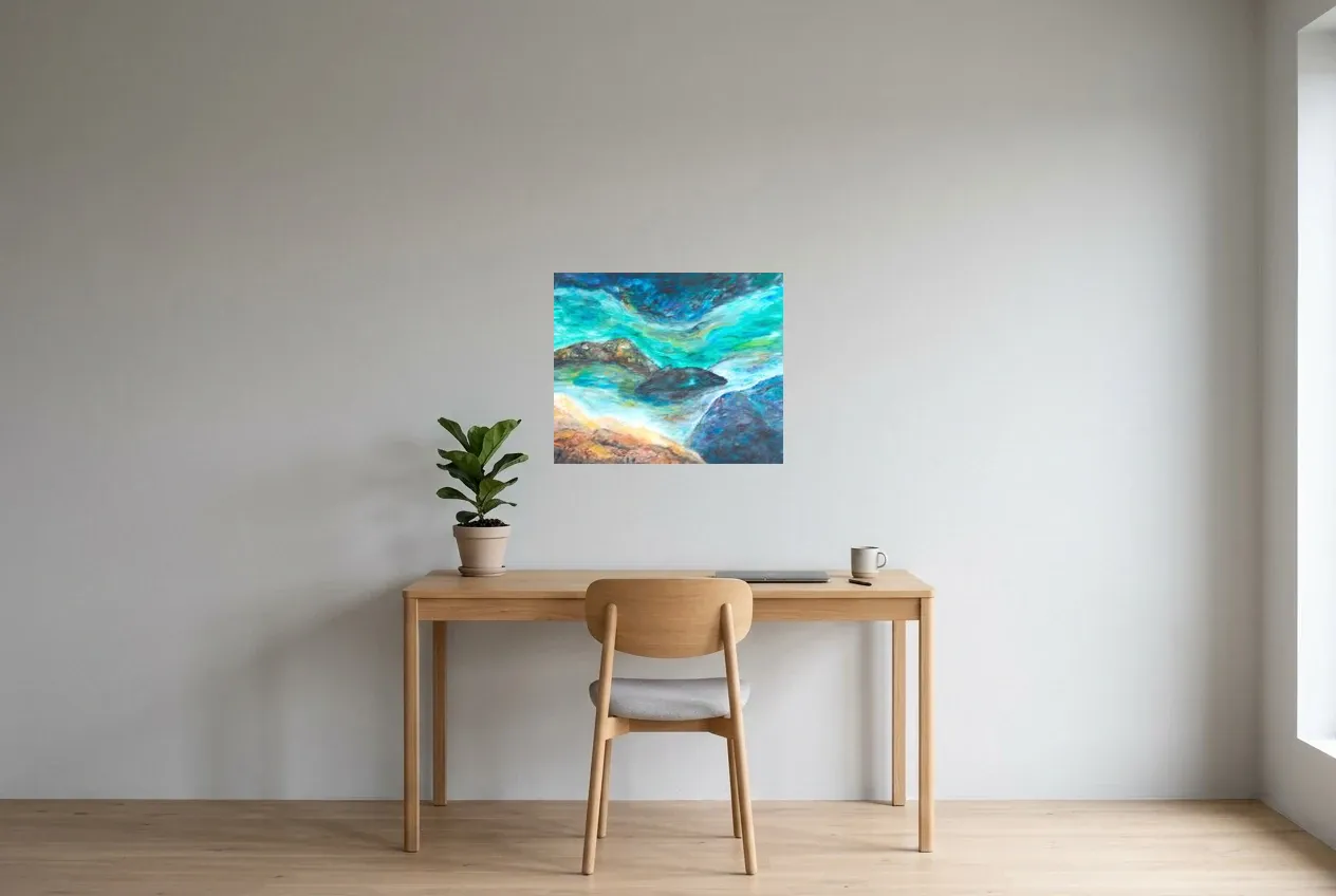 Tableau Abstrait Bleu 180 “Courant Marin”, peinture originale à l'huile par Régine Gardan, 60 × 50 cm, tableau bleu accroché dans un bureau