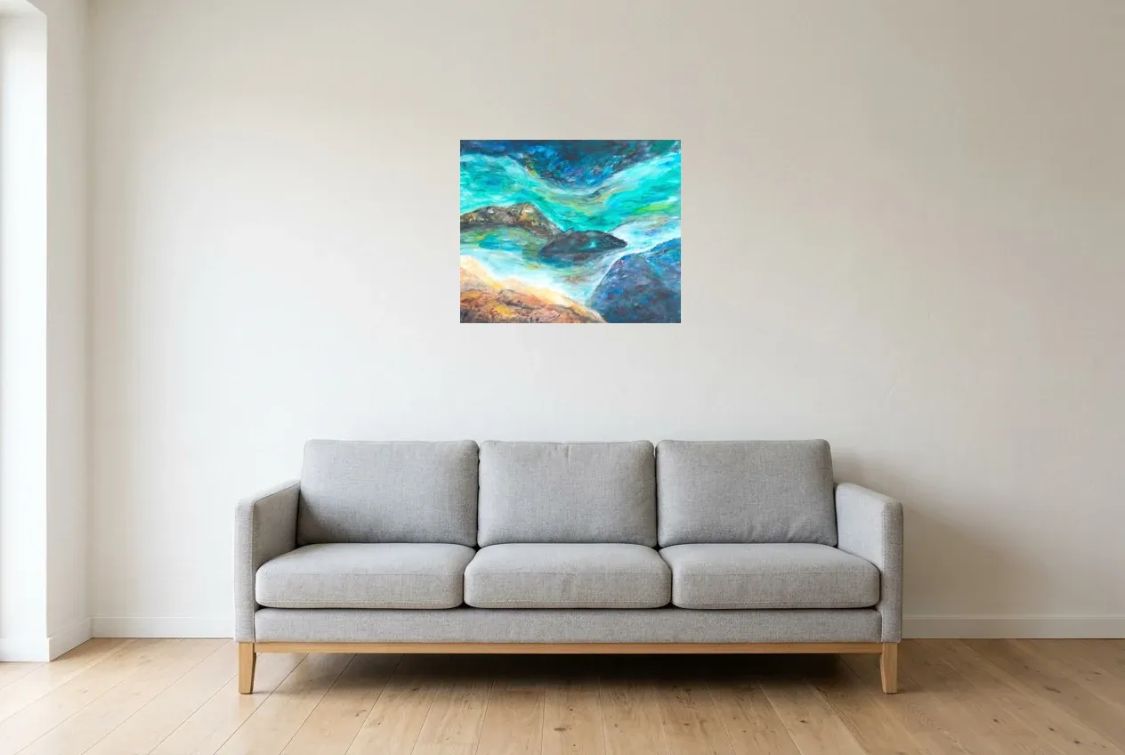Tableau Abstrait Bleu 180 “Courant Marin”, peinture originale à l'huile par Régine Gardan, 60 × 50 cm, tableau bleu accroché dans un salon
