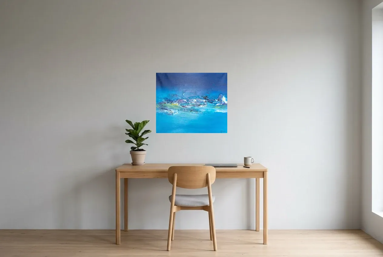 Tableau Abstrait Bleu 186 “Mer Alpine”, peinture originale à l'huile par Régine Gardan, 65 × 55 cm, tableau bleu accroché dans un bureau
