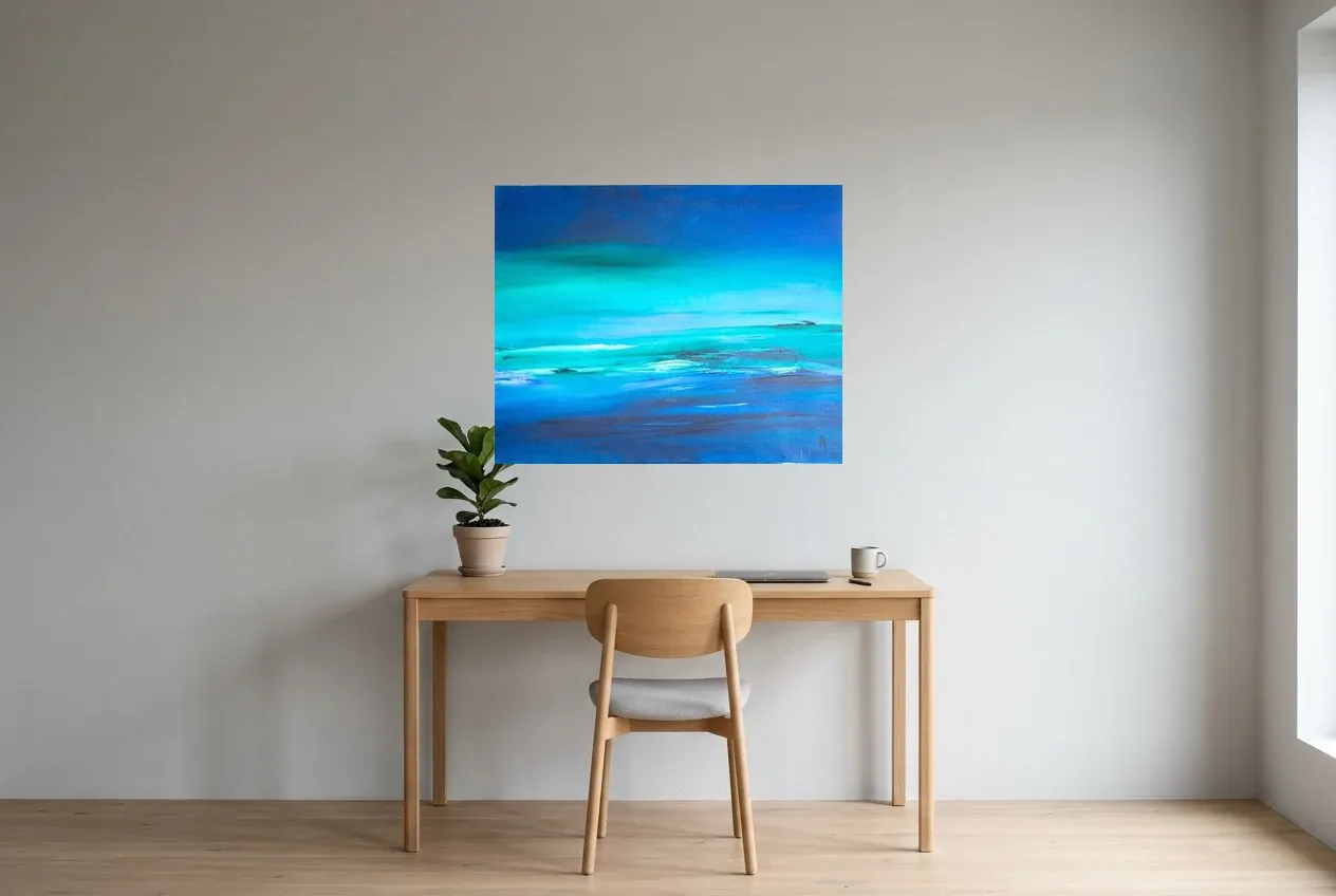 Tableau Abstrait Bleu 195 ” Ligne Horizon”, peinture originale à l'huile par Régine Gardan, 91 × 73 cm, tableau bleu accroché dans un bureau