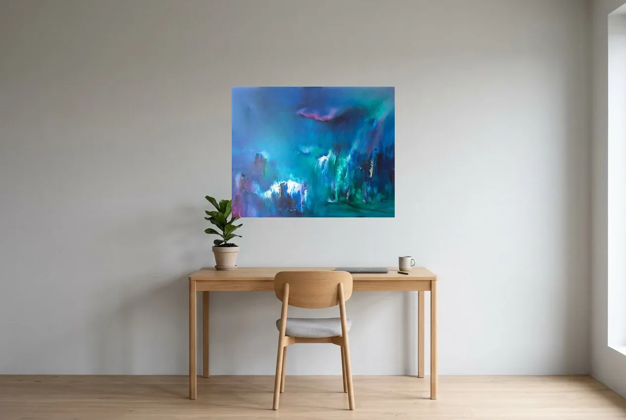 Tableau Abstrait Bleu 20 “Cascade”, peinture originale à l'huile par Régine Gardan, 91 × 73 cm, tableau bleu accroché dans un bureau