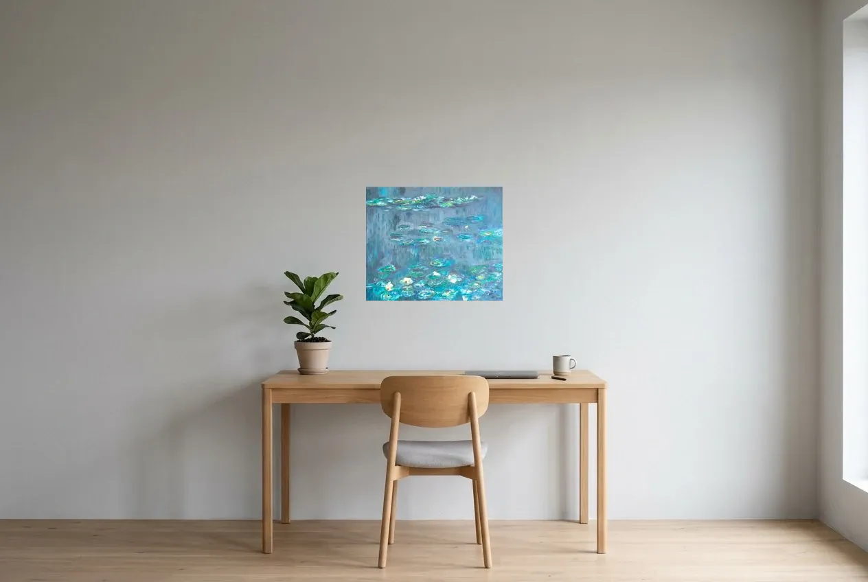 Tableau Abstrait Bleu 201 “Nénuphars”, peinture originale à l'huile par Régine Gardan, 55 × 46 cm, tableau bleu accroché dans un bureau