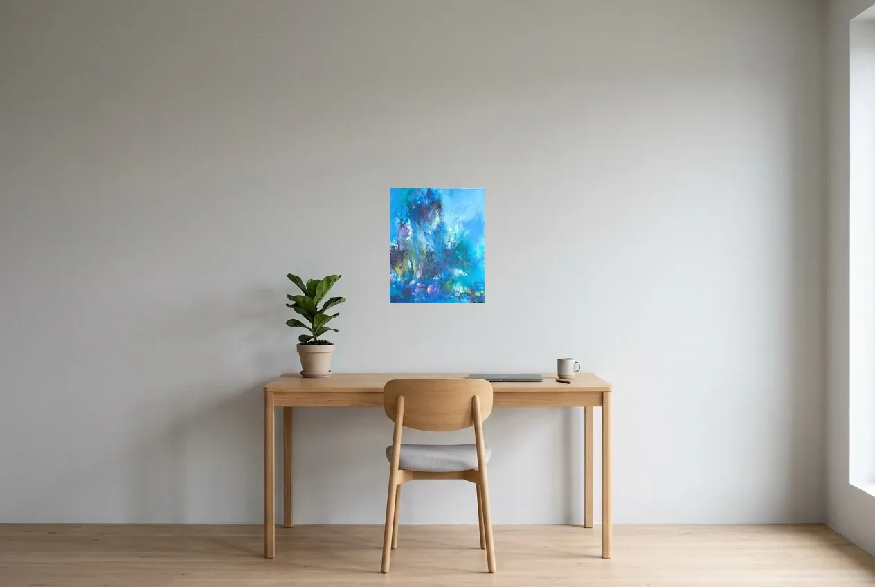 Tableau Abstrait Bleu 205 “Gardien”, peinture originale à l'huile par Régine Gardan, 38 × 46 cm, tableau bleu accroché dans un bureau