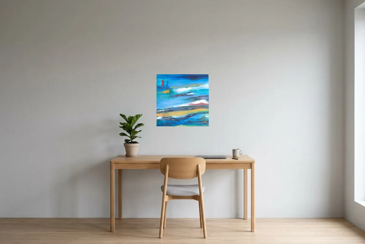 Tableau Abstrait Bleu 206 “Nouveau Départ”, peinture originale à l'huile par Régine Gardan, 50 × 50 cm, tableau bleu accroché dans un bureau
