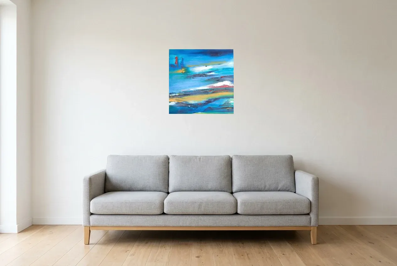 Tableau Abstrait Bleu 206 “Nouveau Départ”, peinture originale à l'huile par Régine Gardan, 50 × 50 cm, tableau bleu accroché dans un salon
