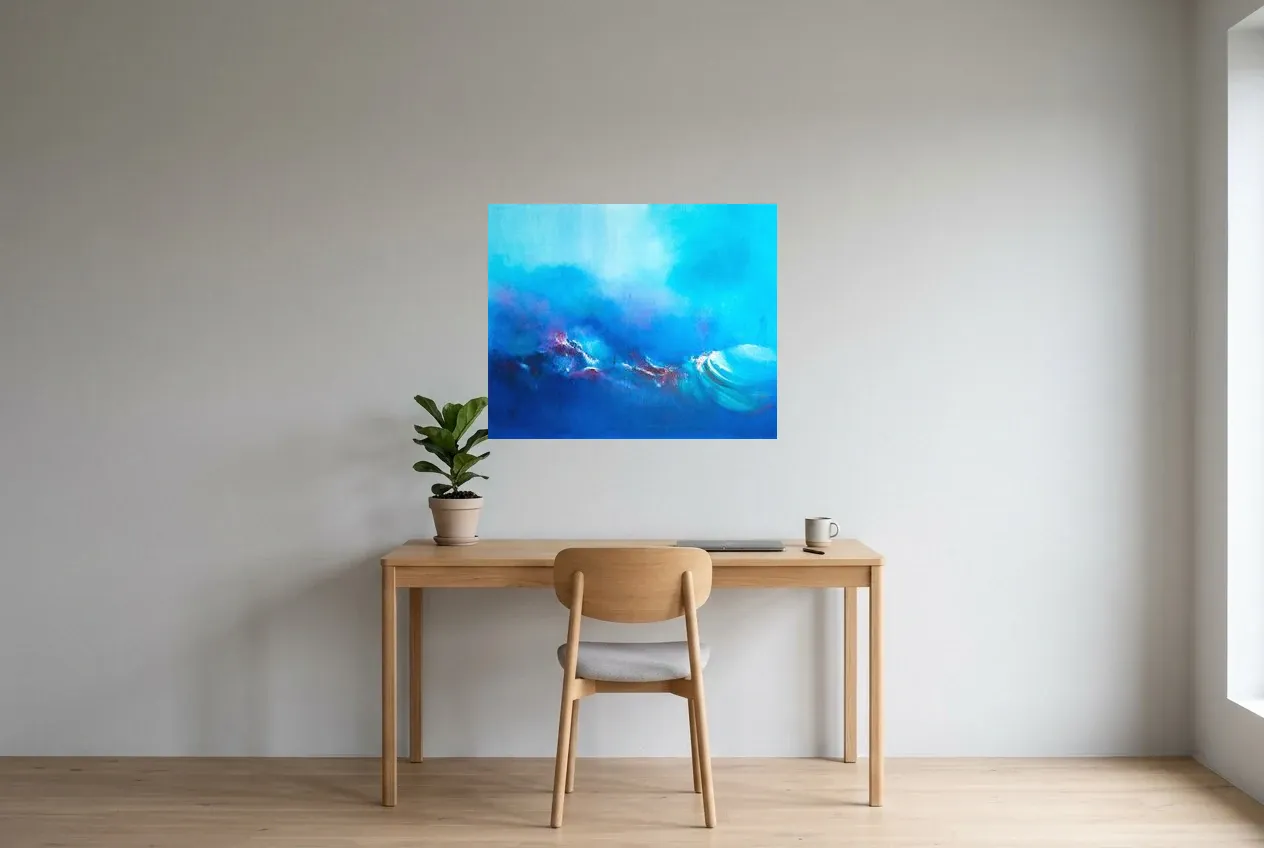 Tableau Abstrait Bleu 215 “Stratosphère”, peinture originale à l'huile par Régine Gardan, 80 × 65 cm, tableau bleu accroché dans un bureau
