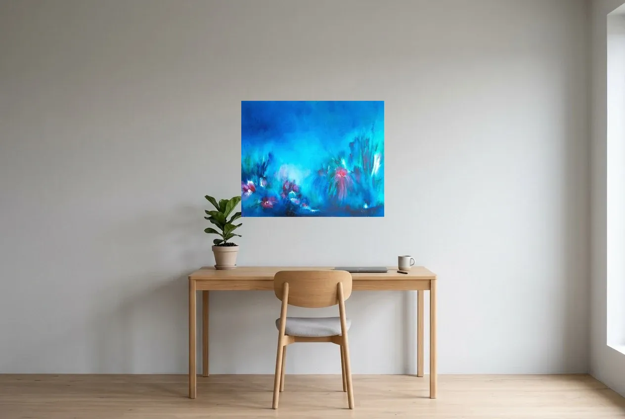 Tableau Abstrait Bleu 218 “Fleurs De Nuit”, peinture originale à l'huile par Régine Gardan, 80 × 65 cm, tableau bleu accroché dans un bureau