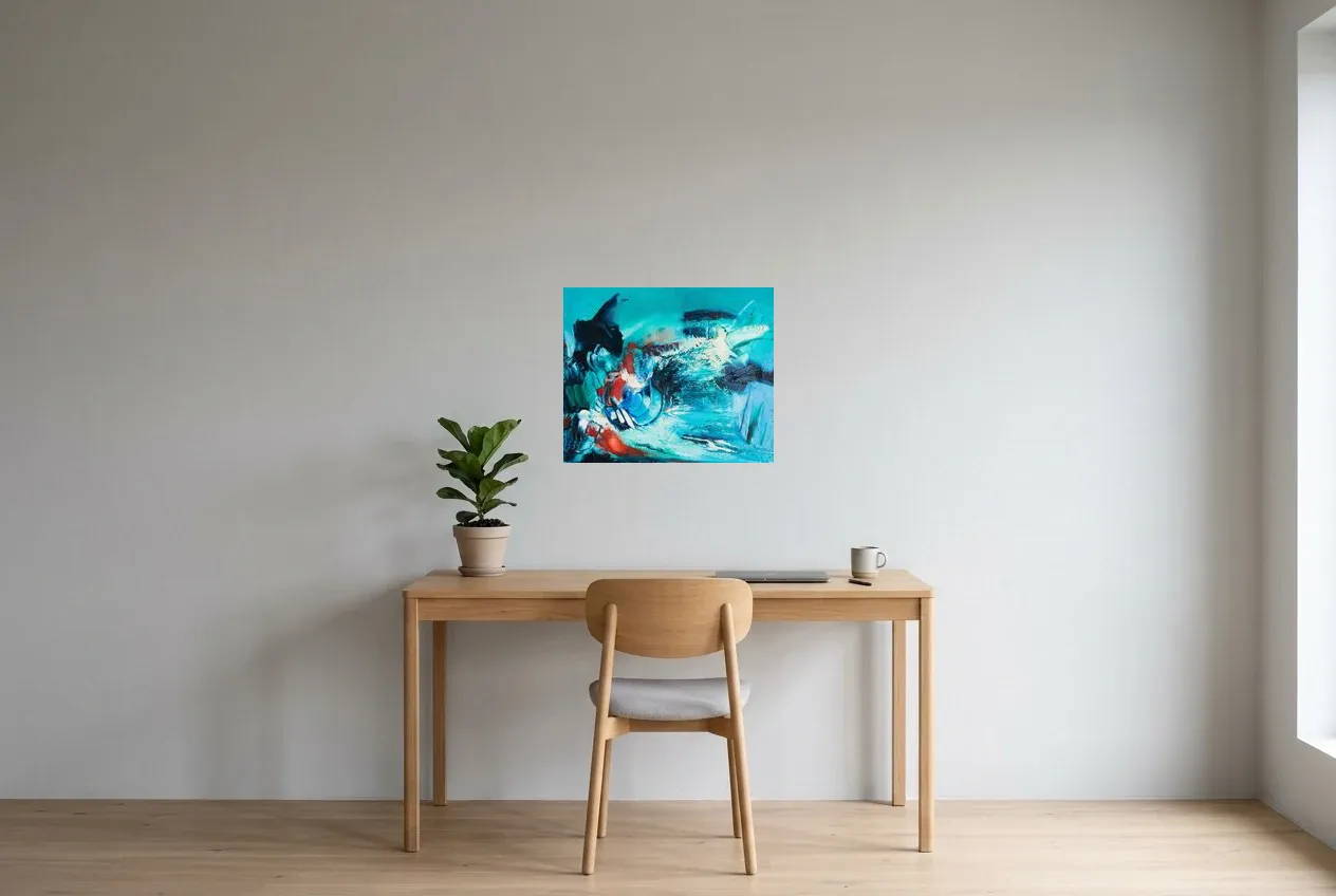 Tableau Abstrait Bleu 229 “Noctiluca”, peinture originale à l'huile par Régine Gardan, 55 × 46 cm, tableau bleu accroché dans un bureau