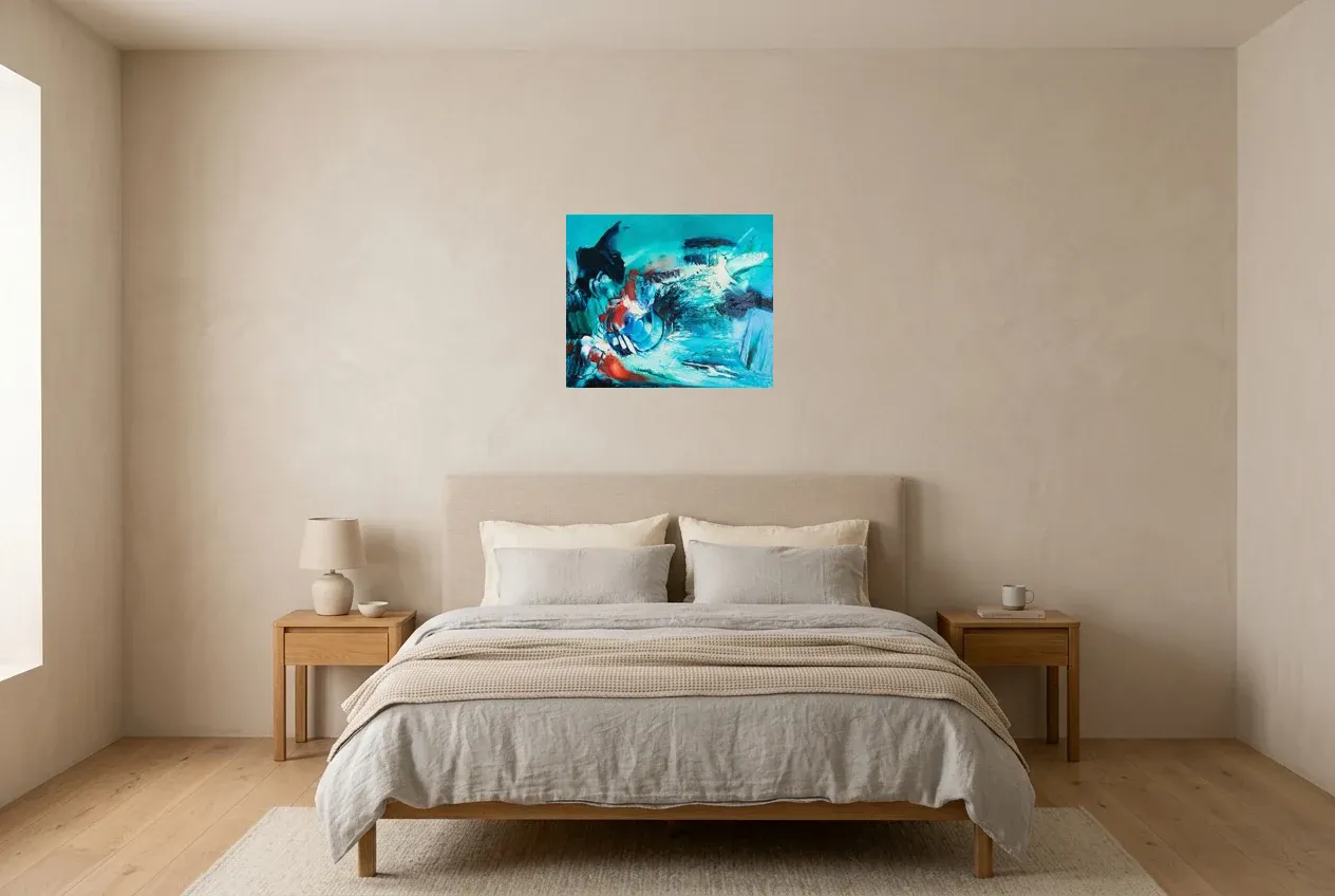 Tableau Abstrait Bleu 229 “Noctiluca”, peinture originale à l'huile par Régine Gardan, 55 × 46 cm, tableau bleu accroché dans une chambre