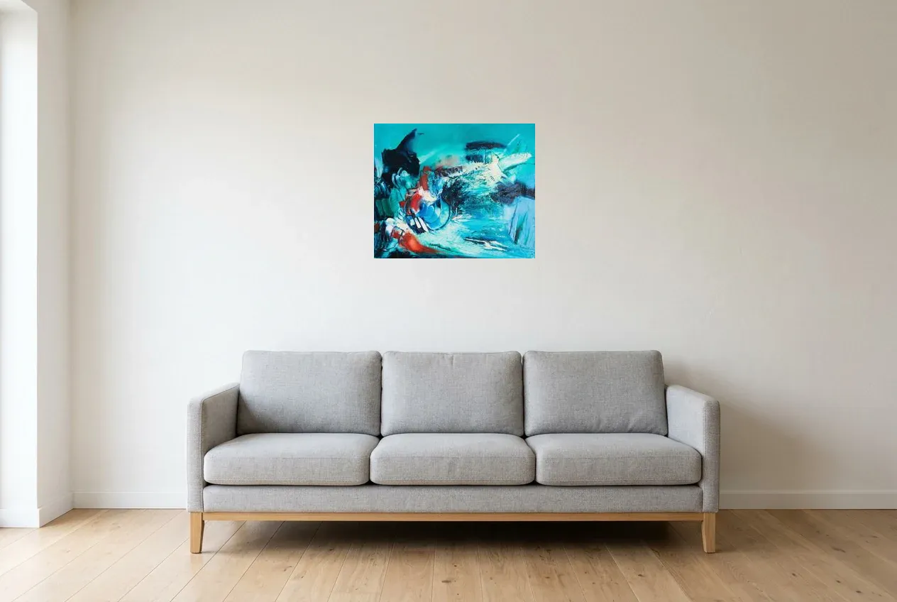 Tableau Abstrait Bleu 229 “Noctiluca”, peinture originale à l'huile par Régine Gardan, 55 × 46 cm, tableau bleu accroché dans un salon
