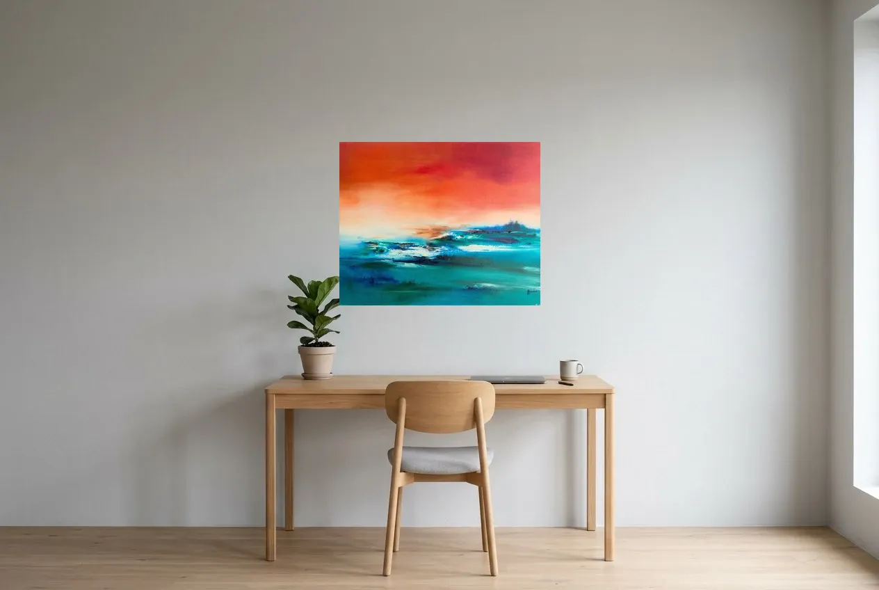 Tableau Abstrait Bleu 233 “Équilibre”, peinture originale à l'huile par Régine Gardan, 80 × 65 cm, tableau bleu accroché dans un bureau