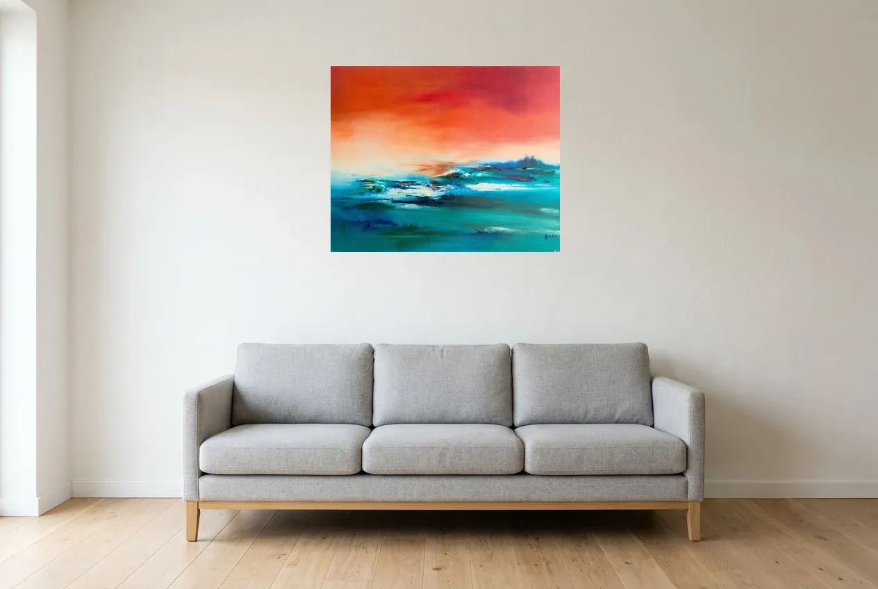 Tableau Abstrait Bleu 233 “Équilibre”, peinture originale à l'huile par Régine Gardan, 80 × 65 cm, tableau bleu accroché dans un salon
