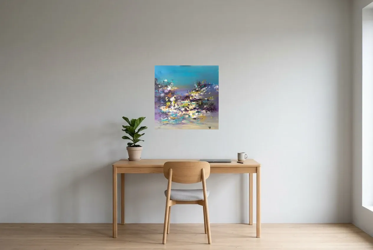 Tableau Abstrait Bleu 24 “Papillon De Nuit”, peinture originale à l'huile par Régine Gardan, 60 × 60 cm, tableau bleu accroché dans un bureau