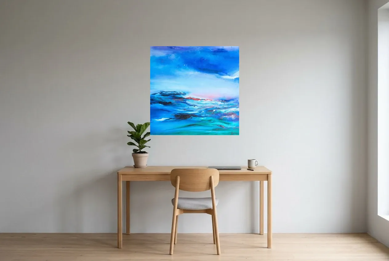 Tableau Abstrait Bleu 241 “Éclairci”, peinture originale à l'huile par Régine Gardan, 80 × 80 cm, tableau bleu accroché dans un bureau