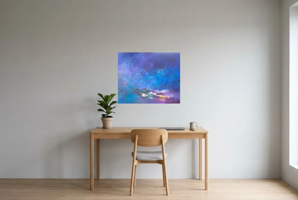 Tableau Abstrait Bleu 53 “Froid Polaire”, peinture originale à l'huile par Régine Gardan, 73 × 60 cm, tableau bleu accroché dans un bureau