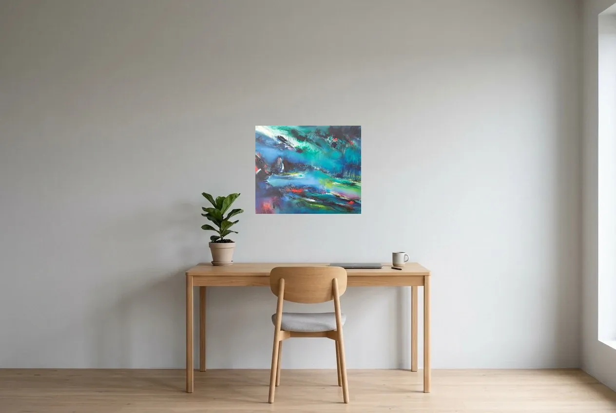 Tableau Abstrait Bleu 59 “Lac Paisible”, peinture originale à l'huile par Régine Gardan, 60 × 50 cm, tableau bleu accroché dans un bureau