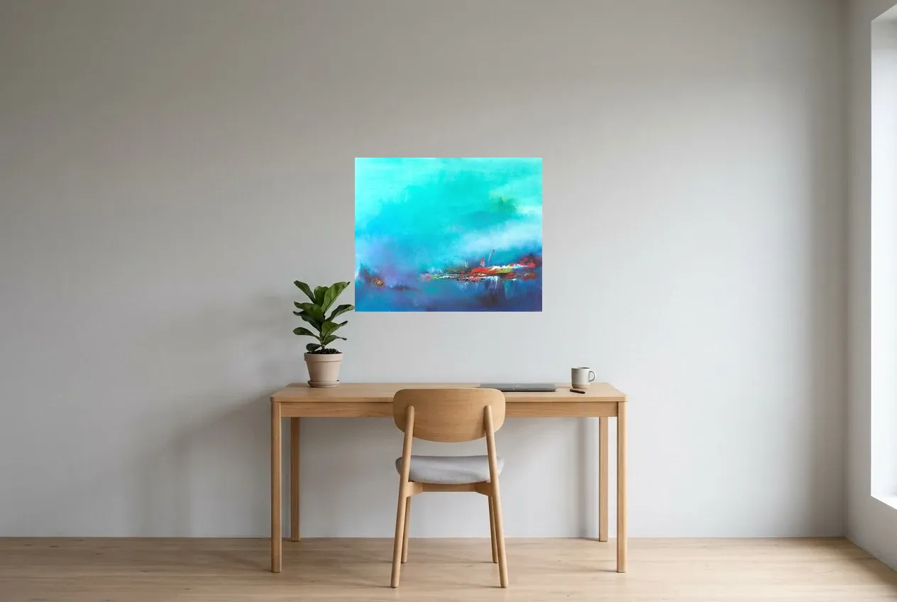 Tableau Abstrait Bleu 86 “Mirage Brumeux”, peinture originale à l'huile par Régine Gardan, 73 × 60 cm, tableau bleu accroché dans un bureau