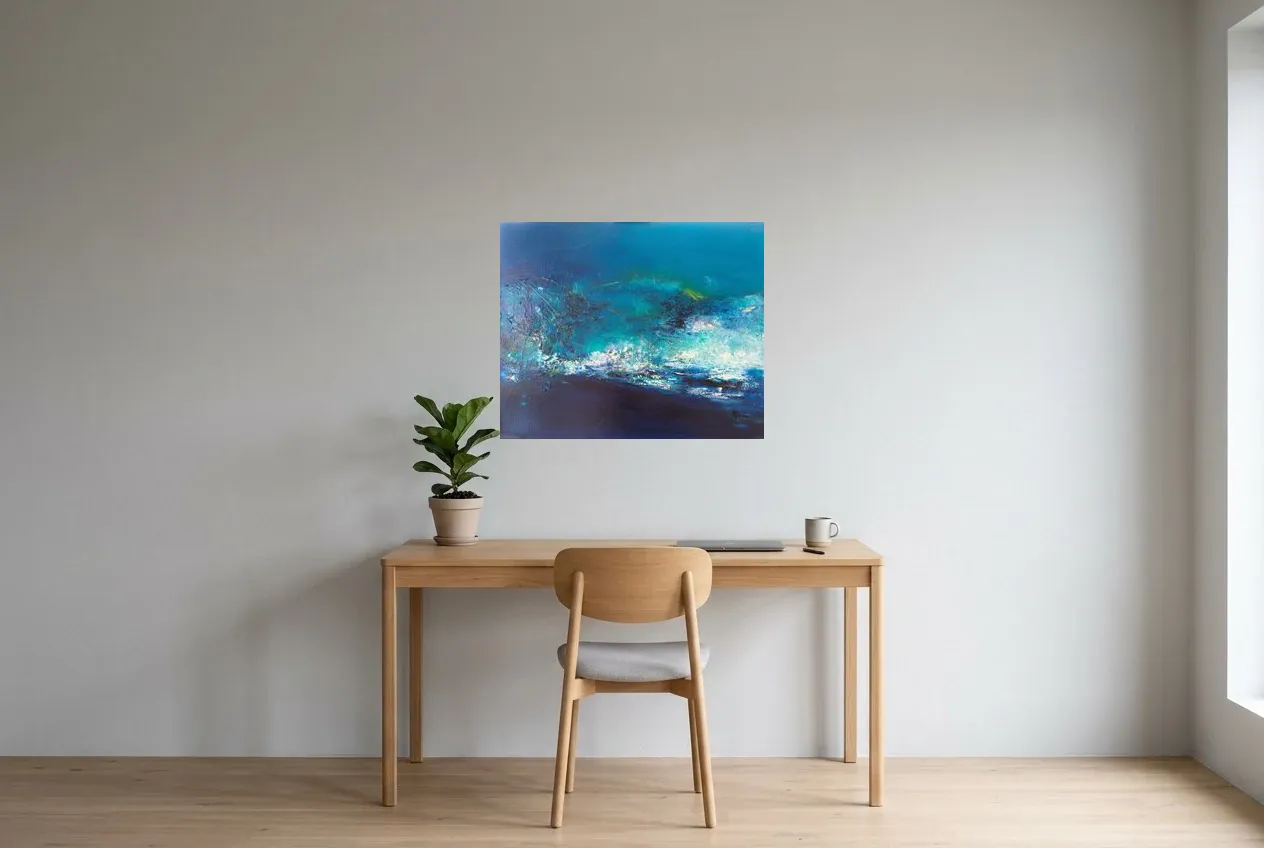 Tableau Abstrait Bleu “Île Volante” 92, peinture originale à l'huile par Régine Gardan, 73 × 60 cm, tableau bleu accroché dans un bureau