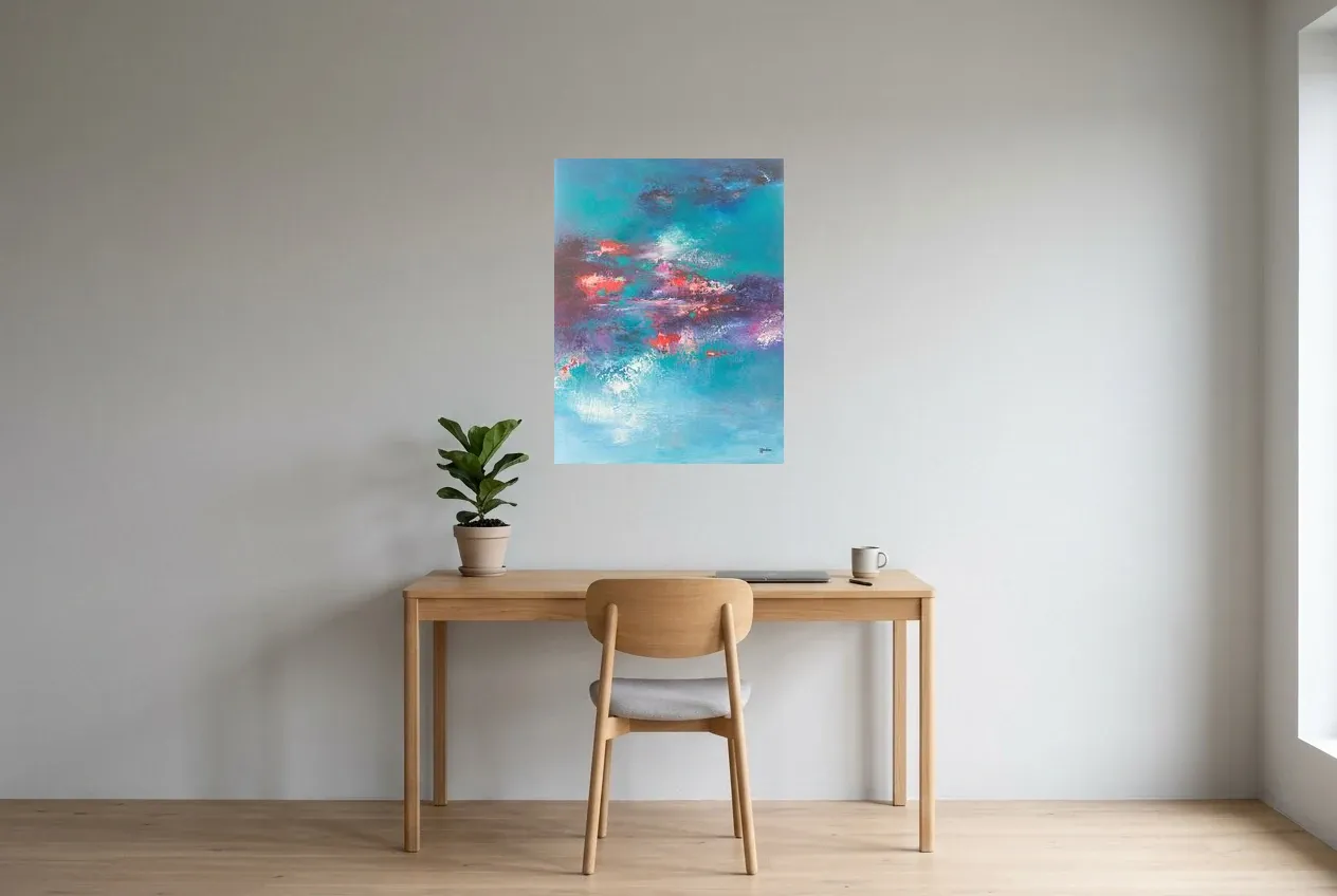 Tableau Abstrait Bleu 93 “Fleuve Chaleureux”, peinture originale à l'huile par Régine Gardan, 60 × 80 cm, tableau bleu accroché dans un bureau