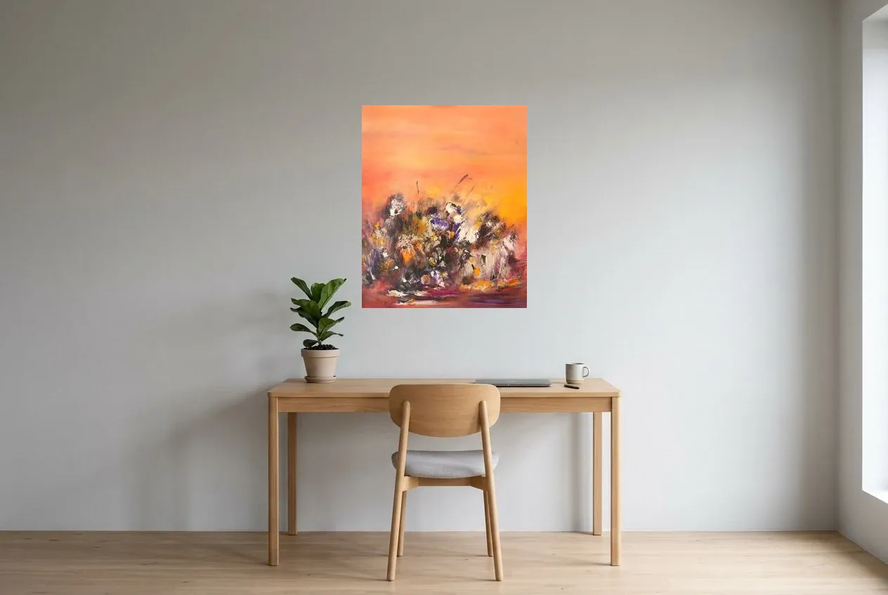 Tableau Abstrait Rouge 44 “Uluru”, peinture originale à l'huile par Régine Gardan, 65 × 80 cm, tableau rouge accroché dans un bureau