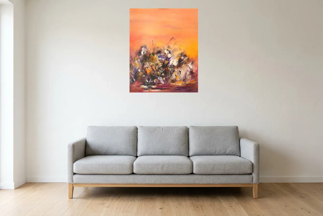 Tableau Abstrait Rouge 44 “Uluru”, peinture originale à l'huile par Régine Gardan, 65 × 80 cm, tableau rouge accroché dans un salon