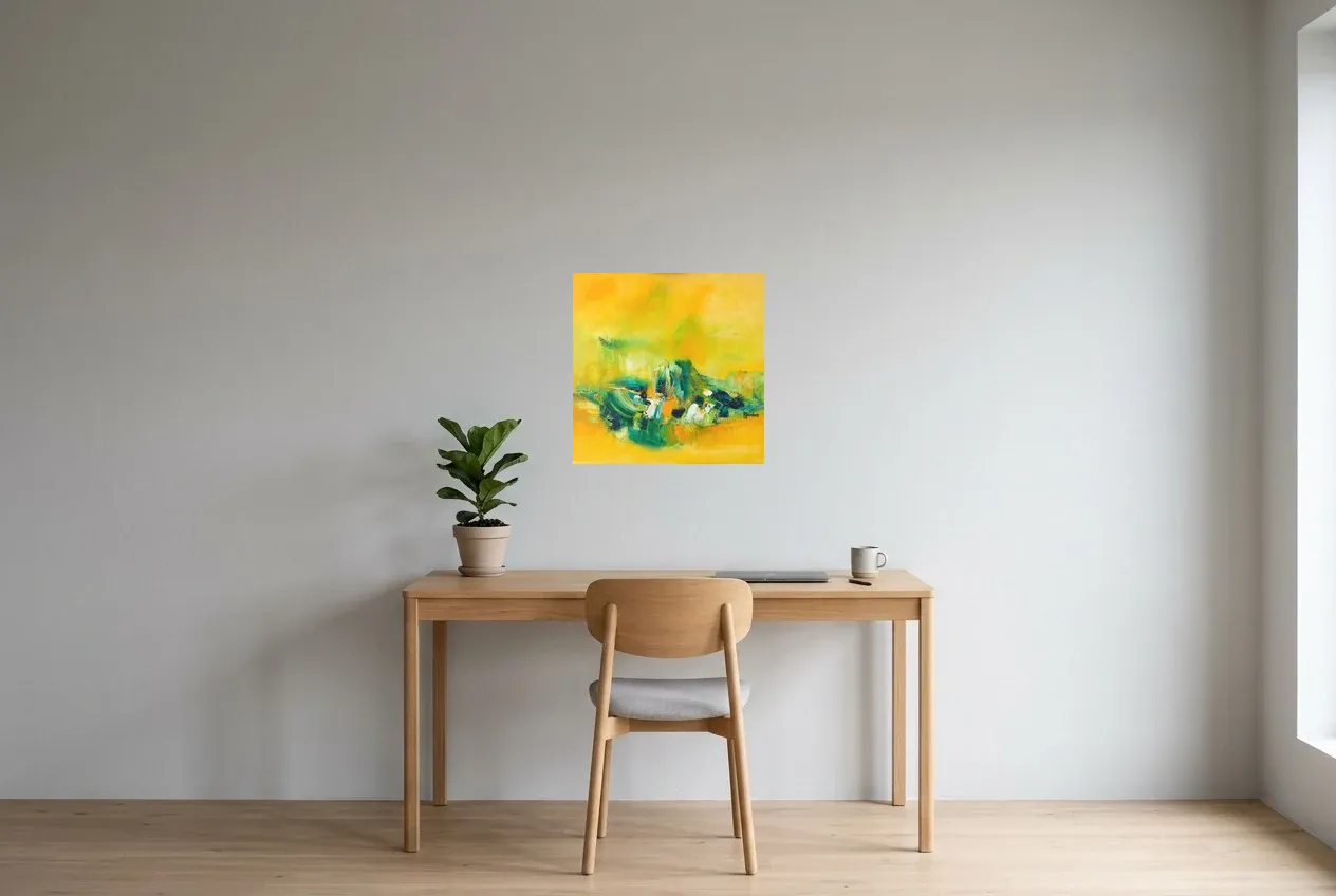 Tableau Abstrait Jaune 111 “Oasis”, peinture originale à l'huile par Régine Gardan, 50 × 50 cm, tableau jaune accroché dans un bureau