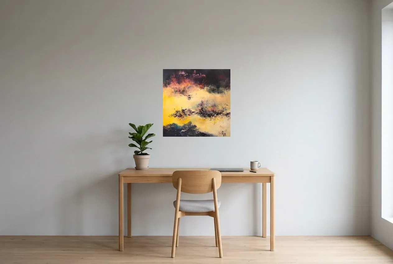 Tableau Abstrait Jaune 13 “El Dorado”, peinture originale à l'huile par Régine Gardan, 60 × 60 cm, tableau jaune accroché dans un bureau