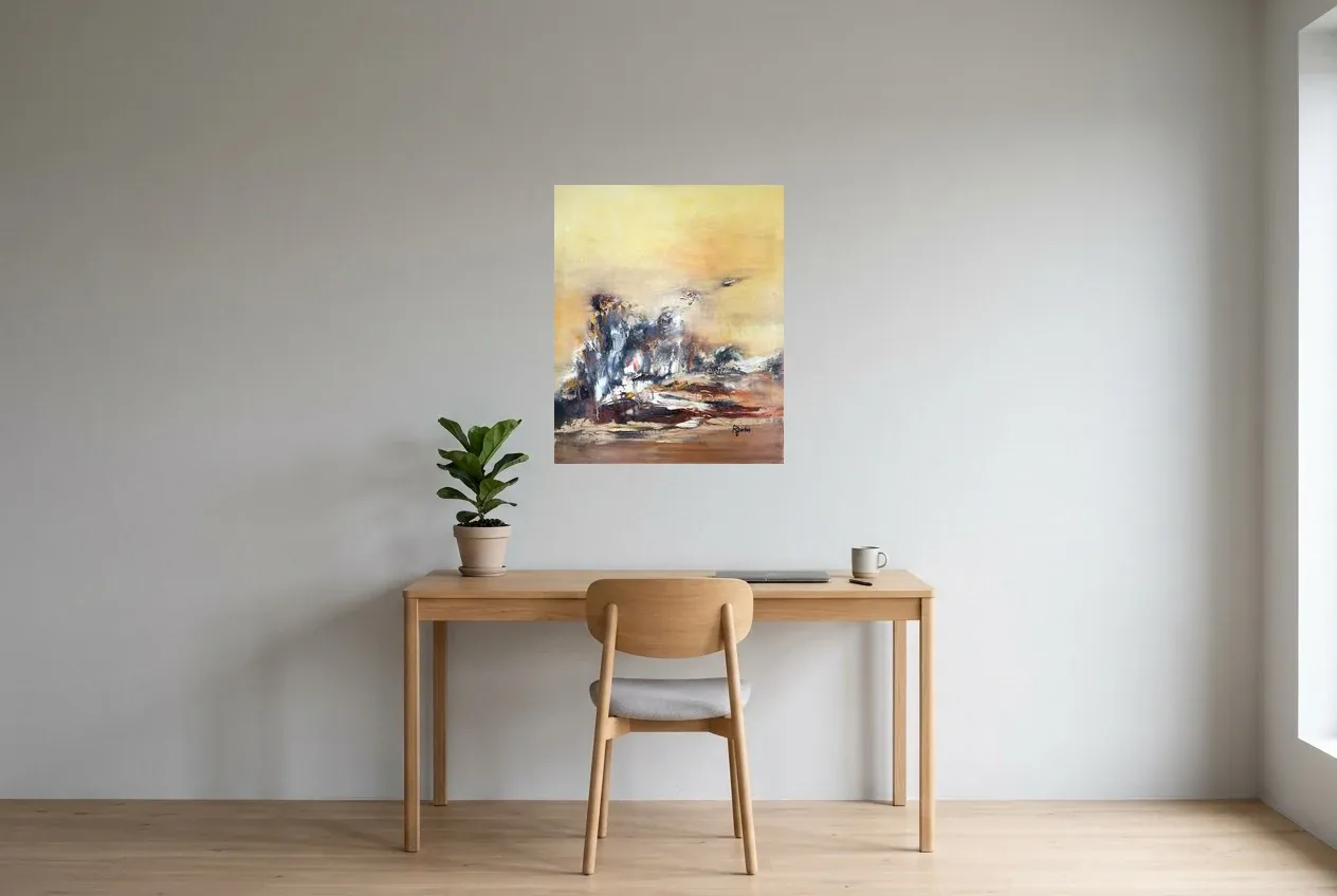 Tableau Abstrait Jaune 139 “Cap”, peinture originale à l'huile par Régine Gardan, 60 × 73 cm, tableau jaune accroché dans un bureau