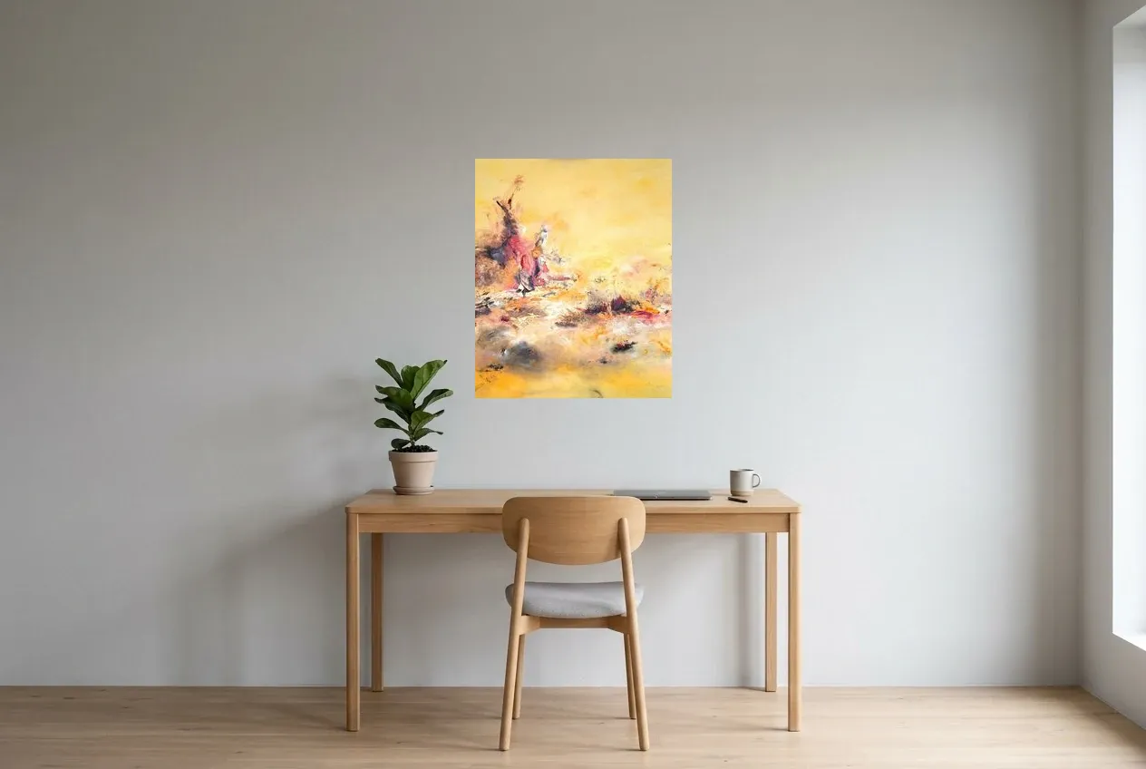Tableau Abstrait Jaune 156 “Marchand De Sable”, peinture originale à l'huile par Régine Gardan, 60 × 73 cm, tableau jaune accroché dans un bureau