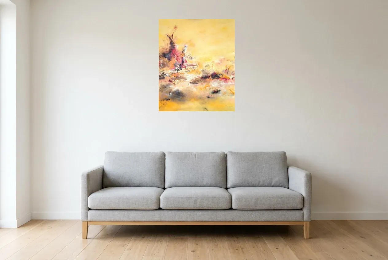 Tableau Abstrait Jaune 156 “Marchand De Sable”, peinture originale à l'huile par Régine Gardan, 60 × 73 cm, tableau jaune accroché dans un salon
